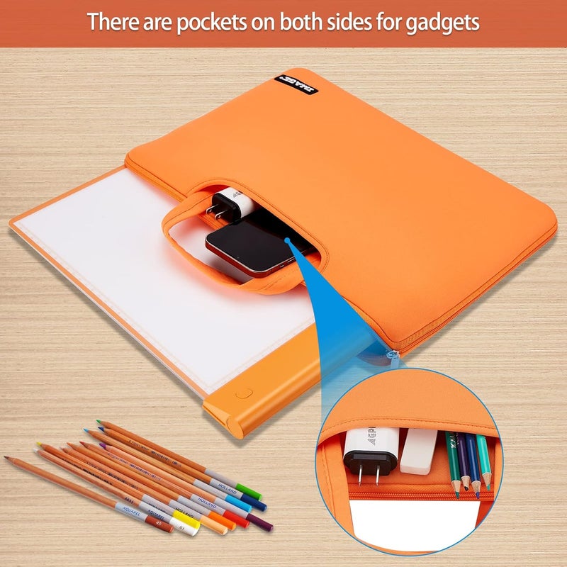 Image A4 Protective Case with Pockets, Carrying Bag for Travel, Storage Cover, Compatible with A4 Tracing LED Light Pad, Coloring Board & Laptop, Notebook, Most Tracing Light Tables - Orange - Image 4